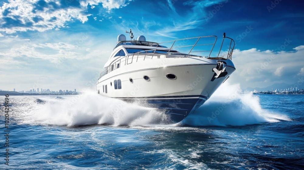A luxury yacht speeding through the ocean, with a clear blue sky above and white waves behind, representing the ultimate vacation and water adventure A luxury yacht speeding through the ocean, with a clear blue sky above and white waves behind, representing the ultimate vacation and water adventure