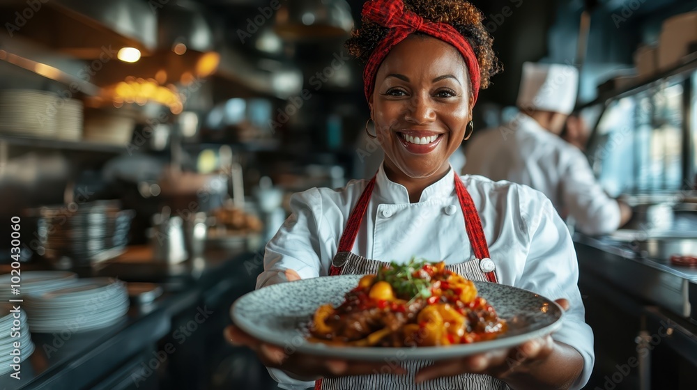 A proud chef holds out a plate of gourmet cuisine in a bustling kitchen, exemplifying the intricate art of cooking and the joy of sharing delicious food. A proud chef holds out a plate of gourmet cuisine in a bustling kitchen, exemplifying the intricate art of cooking and the joy of sharing delicious food.