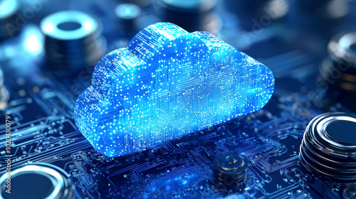 Digital cloud symbol on circuit board, blue glowing elements.