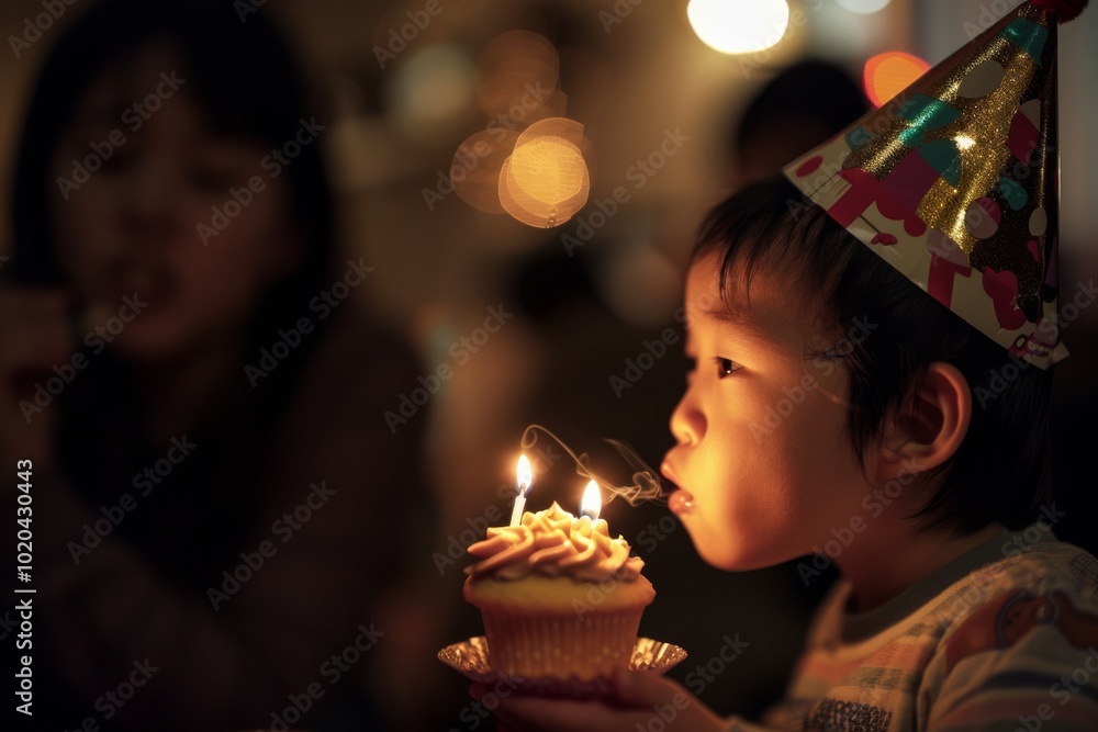 A child blows out candles on a cupcake amidst soft lighting, capturing a moment of birthday magic.