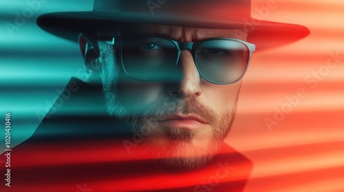 A captivating image of a mysterious man wearing a hat and glasses, enveloped in dramatic colored lights, creating an enigmatic and cinematic atmosphere. photo