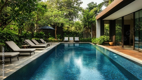 Wallpaper Mural Luxurious swimming pool with modern, minimalist lounge furniture, surrounded by a garden of lush greenery. Torontodigital.ca