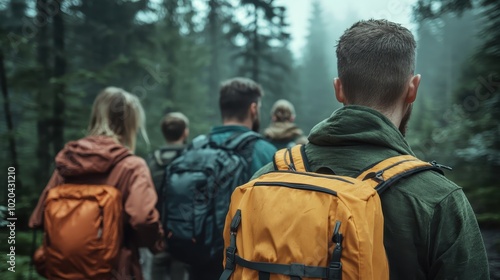 A group of individuals with backpacks are shown traversing a wooded trail, set amidst tall trees, exhibiting exploration amidst nature's quiet embrace.