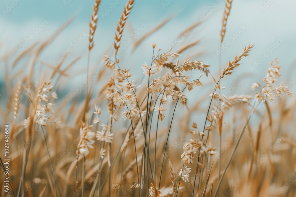 Obraz premium Delicate wheat stalks sway gently in the breeze, set against a bright blue sky, celebrating rural beauty and the changing seasons.