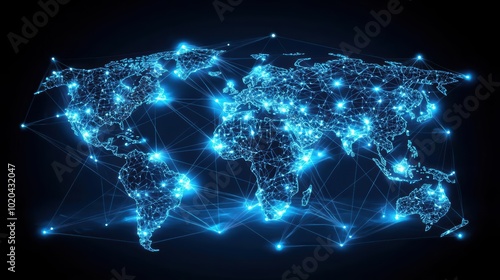 Glowing world map with network connections on black background