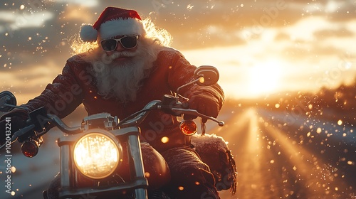 Santa Claus cruising on a Harley Davidson down a desert road, wearing sunglasses and a red leather jacket, the sun setting behind him, snowflakes lightly falling in contrast to the sandy landscape,