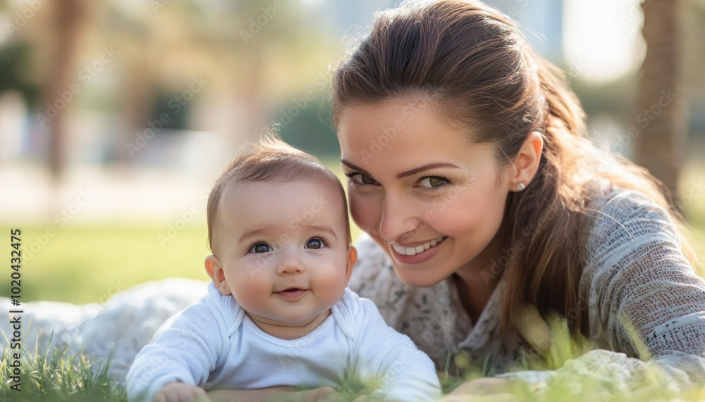 Happy mother holding her baby smiling outdoors at sunset Happy mother holding her baby smiling outdoors at sunset