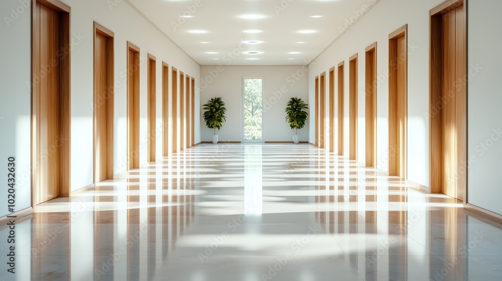 This elegant hallway features clean white walls and polished floors, accentuated by natural light and bordered by striking wooden doors and lush plant accents. This elegant hallway features clean white walls and polished floors, accentuated by natural light and bordered by striking wooden doors and lush plant accents.