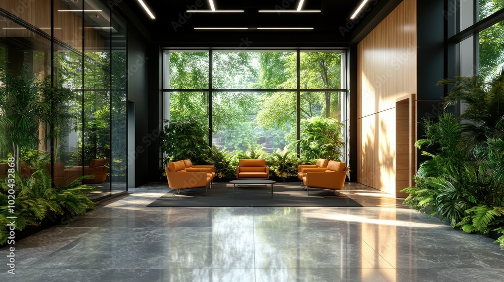 A modern lobby features orange seating surrounded by lush greenery, large windows, and sleek flooring, creating a welcoming and elegant atmosphere. A modern lobby features orange seating surrounded by lush greenery, large windows, and sleek flooring, creating a welcoming and elegant atmosphere.