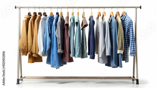 A clothing rack displays a diverse wardrobe of colorful shirts and tops.