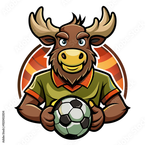 Moose Soccer Mascot: A friendly, cartoon moose mascot with a confident grin, dressed in a green soccer jersey and holding a soccer ball.  The perfect mascot for a soccer team or sports event!  photo