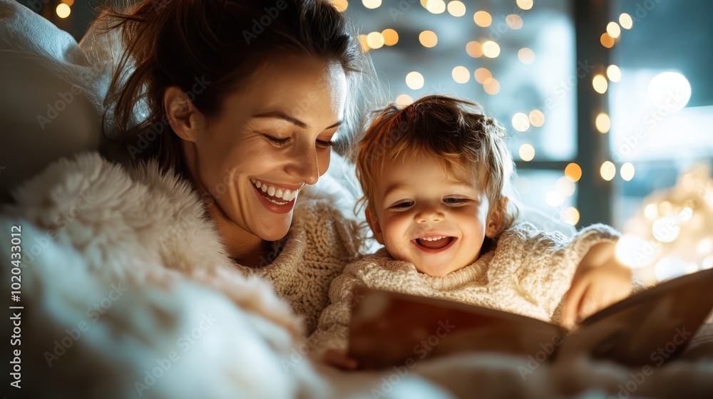 A joyful mother reads a bedtime story to her enthused child, both basking in the golden glow of fairy lights, forming strong familial bonds and warmth. A joyful mother reads a bedtime story to her enthused child, both basking in the golden glow of fairy lights, forming strong familial bonds and warmth.