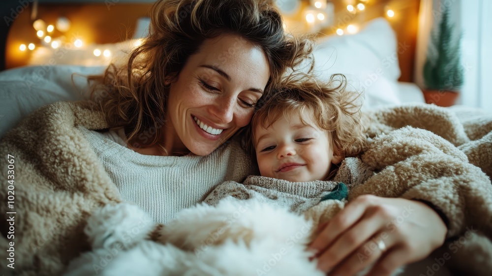 Mother and child snuggle under a fluffy blanket in a warm setting, sharing smiles and affectionate cuddles, exuding comfort and cherished family bonds. Mother and child snuggle under a fluffy blanket in a warm setting, sharing smiles and affectionate cuddles, exuding comfort and cherished family bonds.