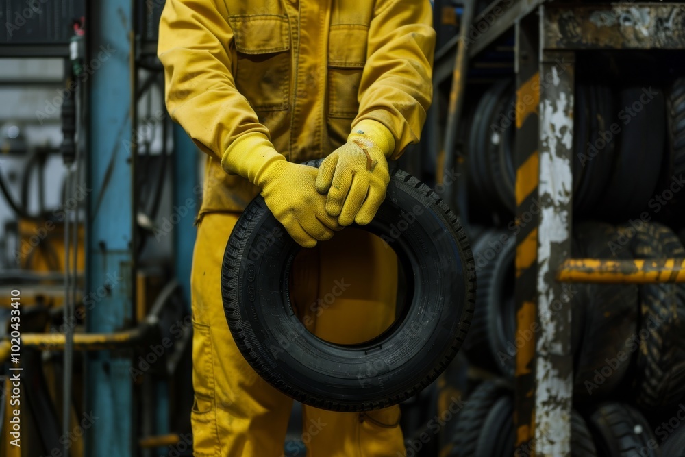 A worker in yellow gear firmly holds a tire in an industrial setting, representing hands-on labor and commitment in the tire manufacturing process. A worker in yellow gear firmly holds a tire in an industrial setting, representing hands-on labor and commitment in the tire manufacturing process.