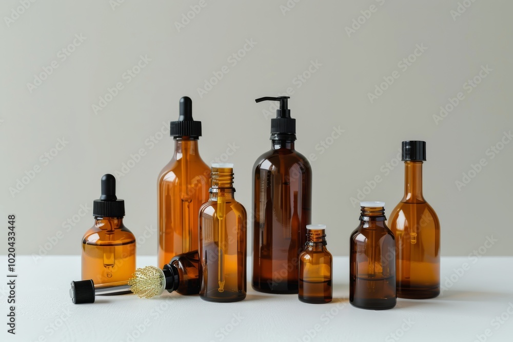 A collection of amber glass bottles of varying shapes reflects simplicity and elegance, embodying minimalist beauty and timeless functionality. A collection of amber glass bottles of varying shapes reflects simplicity and elegance, embodying minimalist beauty and timeless functionality.