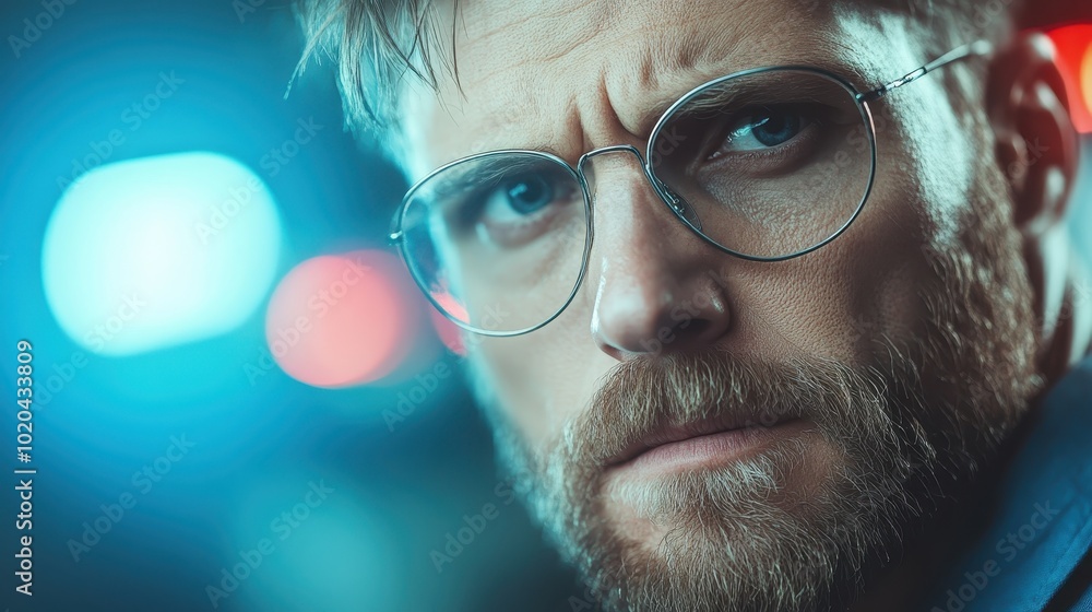 A man with glasses under neon lights looks with a strong, thoughtful gaze. His expression suggests intrigue and depth in a vividly colorful environment. A man with glasses under neon lights looks with a strong, thoughtful gaze. His expression suggests intrigue and depth in a vividly colorful environment.