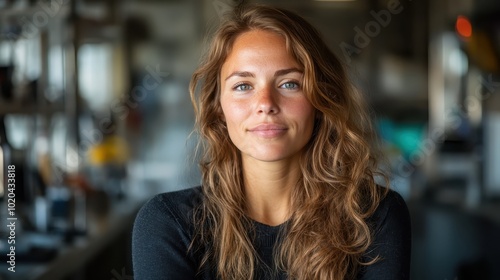 A confident woman with wavy hair dressed in chic, modern attire stands poised in an elegant environment, showcasing empowerment and determination.