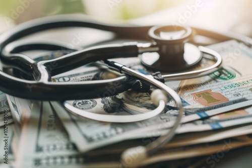 A stethoscope rests on a pile of hundred-dollar bills, symbolizing the intersection of healthcare and finance, illuminated by soft, natural light.