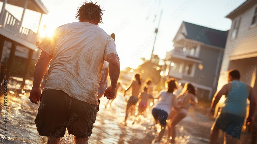 A group of people run through a flooded street as golden sunlight filters through the scene, highlighting themes of urgency, community, and shared resilience in adversity. A group of people run through a flooded street as golden sunlight filters through the scene, highlighting themes of urgency, community, and shared resilience in adversity.