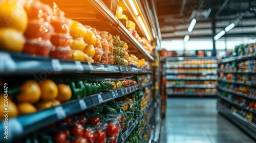 A vibrant grocery store produce section displaying a wide array of colorful fruits and vegetables neatly organized, captured under bright supermarket lighting. photo