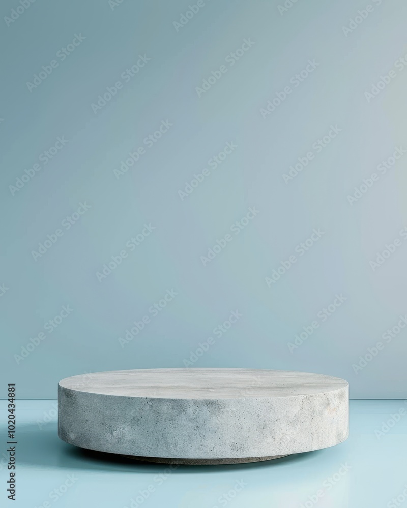 A round concrete podium with a smooth, textured surface, set against a minimalist soft blue background. The clean, industrial design provides a modern and sleek setting for product display A round concrete podium with a smooth, textured surface, set against a minimalist soft blue background. The clean, industrial design provides a modern and sleek setting for product display