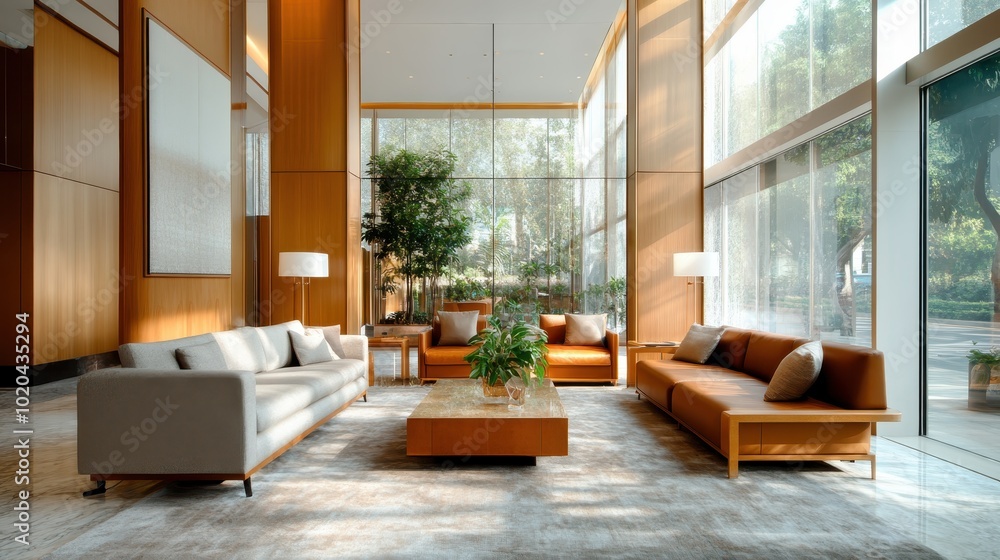 An inviting lobby area flooded with sunlight, featuring contemporary furniture and a mix of lush plants, creating a warm and welcoming atmosphere for visitors. An inviting lobby area flooded with sunlight, featuring contemporary furniture and a mix of lush plants, creating a warm and welcoming atmosphere for visitors.