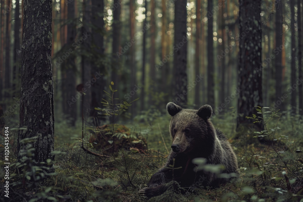 A solitary bear rests amidst the dense forest, conveying a sense of quiet strength and the majesty of wilderness in the dim woodland light. A solitary bear rests amidst the dense forest, conveying a sense of quiet strength and the majesty of wilderness in the dim woodland light.