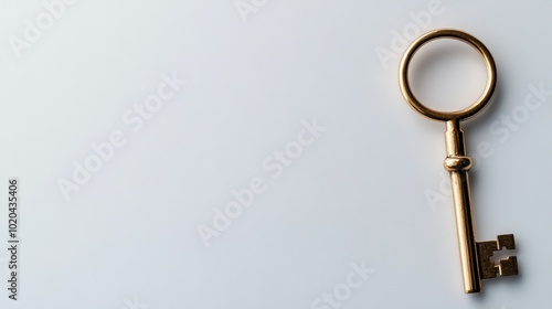 Shiny brass key on a white background, symbolizing success, opportunity, and new beginnings.