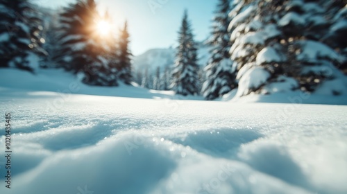 Wallpaper Mural A beautiful winter landscape showcasing a sunlit snowfield surrounded by evergreen trees and distant mountains, capturing the serene beauty of nature in sunlight. Torontodigital.ca