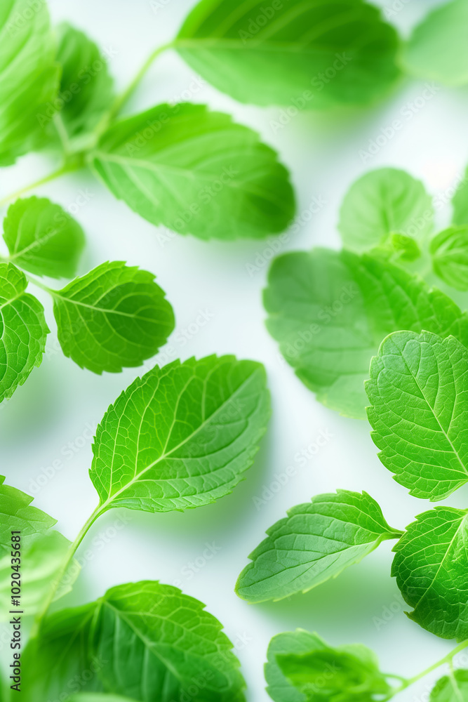 A collection of lush green mint leaves spread across a smooth white surface, highlighting their rich texture and vivid color, embodying freshness and vitality A collection of lush green mint leaves spread across a smooth white surface, highlighting their rich texture and vivid color, embodying freshness and vitality