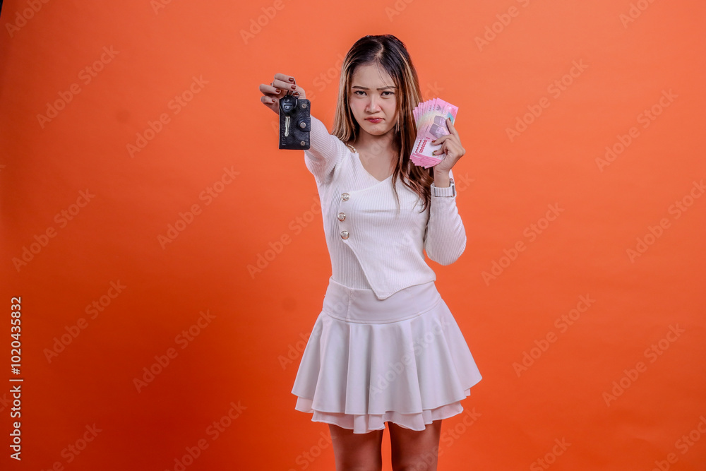 Obraz premium gesture beautiful girl white top standing pouting hand holding car key forward and rupiah cash isolated orange background. for transportation concept, service rental, business, automotive