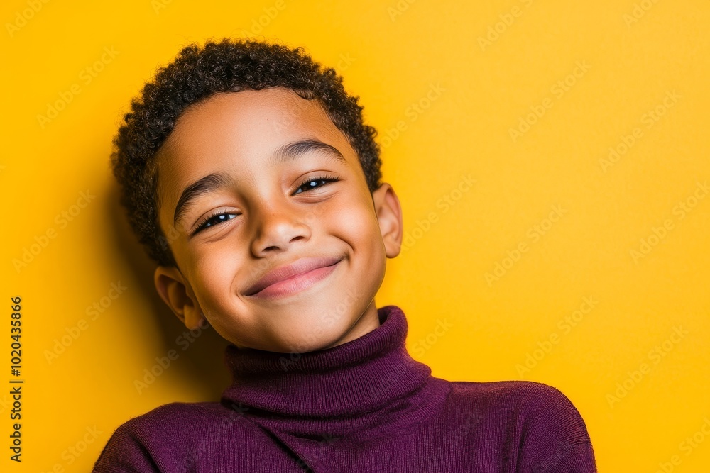 Portrait of an energetic, happy, and stylish schoolboy in a colorful purple outfit isolated on a yellow background Portrait of an energetic, happy, and stylish schoolboy in a colorful purple outfit isolated on a yellow background
