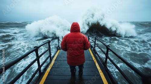 A person in a red coat stands on a pier, bracing against stormy waves, representing courage and resilience in the face of nature's overwhelming power.