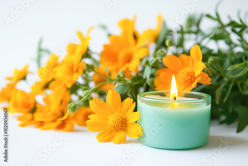 Candle and yellow daisies on a white background