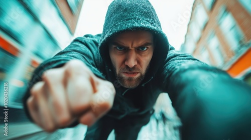 A close-up image shows a determined man in a hood throwing a punch directly at the camera, capturing intense focus and strong resolve in a dynamic pose.