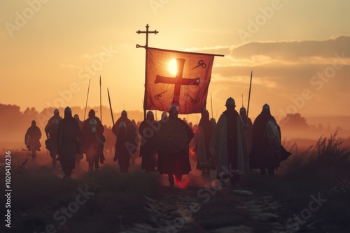 Silhouetted medieval soldiers march at sunset, a glowing banner with a cross leading their path, enveloped in mist and mystery.