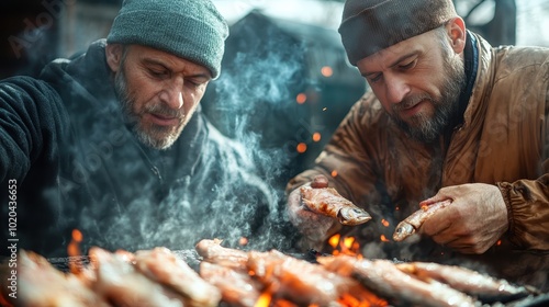 Two mature men dressed warmly prepare fish on an outdoor grill, surrounded by smoke, showcasing their cooking skills and enjoying companionship in the open air.