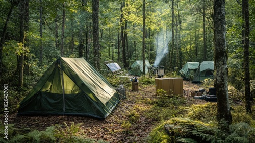 An off-grid eco-friendly camping experience in the forest, with travelers setting up camp using solar-powered chargers, tents made from recycled materials, and composting their waste photo