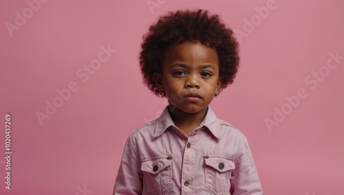 African child with curly hair in light-colored outfit standing against pink-to-white background