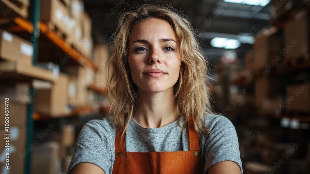 A self-assured woman stands confidently in a bustling warehouse, wearing an orange apron, surrounded by shelves filled with stacked boxes of inventory products. A self-assured woman stands confidently in a bustling warehouse, wearing an orange apron, surrounded by shelves filled with stacked boxes of inventory products.