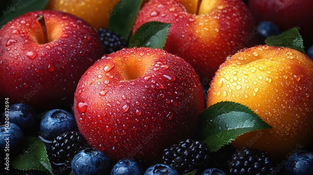 Close-up of fresh plums and berries with water droplets Generative AI Close-up of fresh plums and berries with water droplets Generative AI