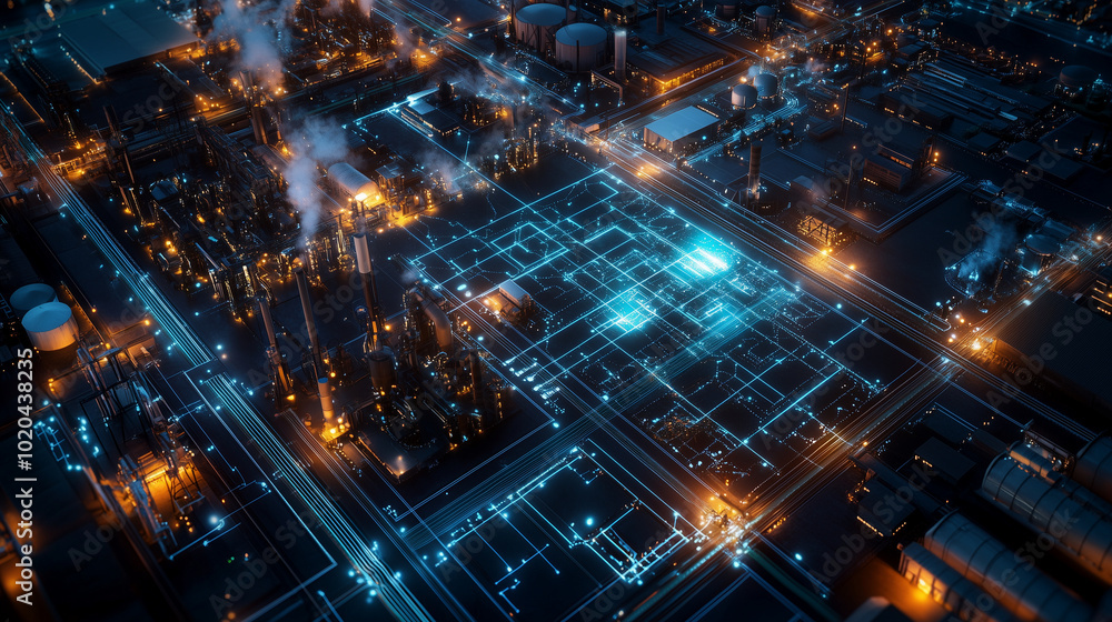 A detailed aerial view of an industrial sector, overlaid with bright digital network lines and nodes linking automated production plants, storage facilities, and communication towe A detailed aerial view of an industrial sector, overlaid with bright digital network lines and nodes linking automated production plants, storage facilities, and communication towe