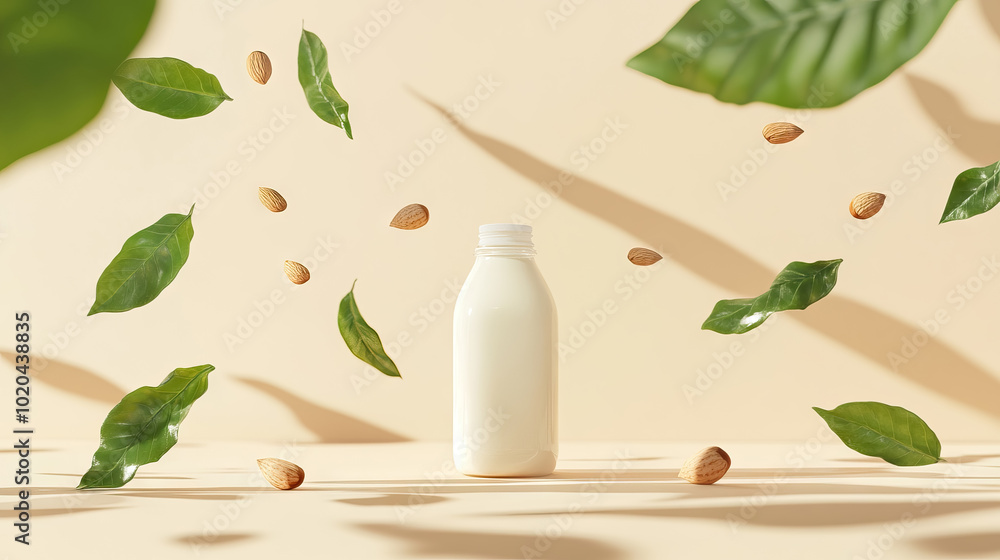 refreshing plant milk banner with leaves and nuts floating around a milk bottle, with soft greens and beige tones to emphasize freshness and health. refreshing plant milk banner with leaves and nuts floating around a milk bottle, with soft greens and beige tones to emphasize freshness and health.
