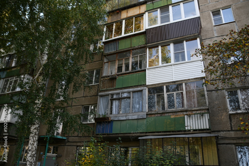Obraz premium Cityscape of Russia. Panel house of the Soviet Union, old architecture of the building in the brutalism style