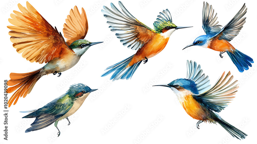 Obraz premium Set of Hand-Painted Watercolor Birds Isolated on White