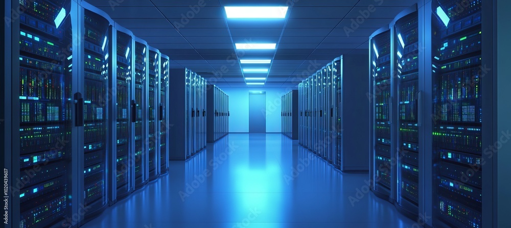 Modern Data Center With Rows of Network Server Racks, Storage, and Blue Lights. 3D Illustration. Modern Data Center With Rows of Network Server Racks, Storage, and Blue Lights. 3D Illustration.