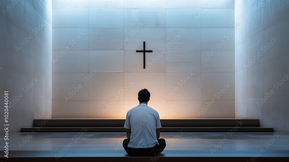 A middle-aged man of Asian descent, kneeling alone in a modern chapel, his head bowed in deep meditation. The simplicity of the design, with only a single cross on the wall, emphas A middle-aged man of Asian descent, kneeling alone in a modern chapel, his head bowed in deep meditation. The simplicity of the design, with only a single cross on the wall, emphas