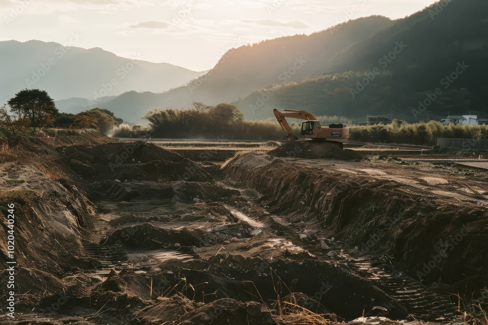 Naklejka premium A lone excavator stands amidst a sunlit valley, symbolizing development and human impact on nature's serene landscape.