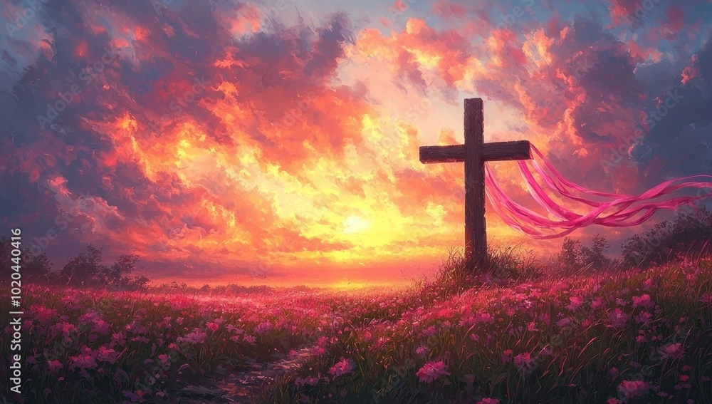 Cross with flowing ribbons in a colorful sunset field under a vibrant sky with blooming wildflowers Generative AI Cross with flowing ribbons in a colorful sunset field under a vibrant sky with blooming wildflowers Generative AI