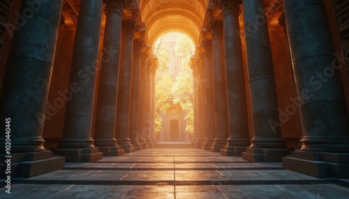 Grand Archway with Dark Gray Pillars Leading to Building